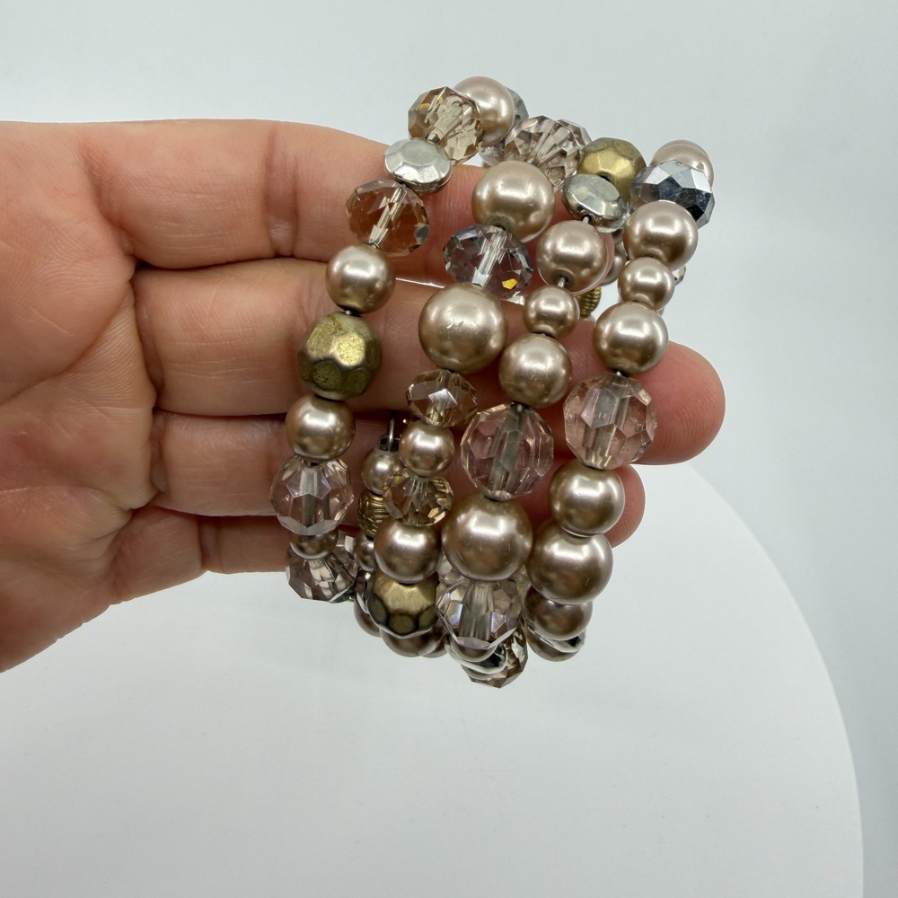 Champagne Faux Pearl Crystal Beaded Coil Wrap Bracelet Statement Boho Jewelry